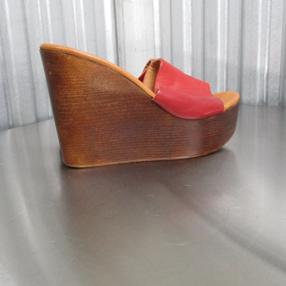 Diego Piacentini Red Leather Wood Platform Wedge Sandals Made in Italy Size 38
